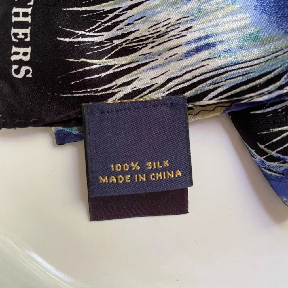 BROOKS BROTHERS SCARF BLACK BLUE WHITE SILK PREPPY PEACOCK FEATHER PATTERN